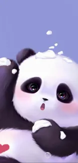 Cute panda cartoon wallpaper with soft purple background.