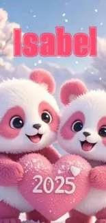 Cute pandas holding heart in snow.
