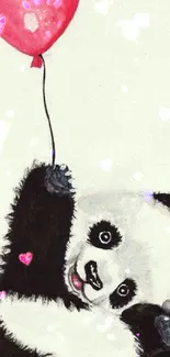 Whimsical panda with red balloon and hearts on mobile wallpaper.