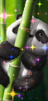 Adorable panda hugging bamboo with sparkling stars.