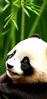 Adorable panda holding bamboo in lush green scenery.