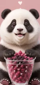 Cute panda holding berries on pink background.