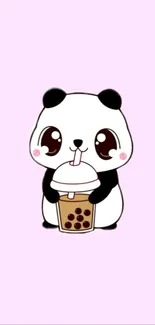 Cartoon panda with boba tea on a pink background.