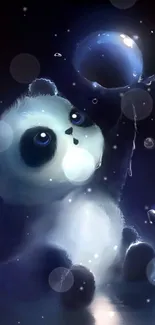 Adorable panda playing with bubbles on a dark blue background.