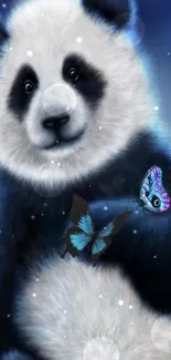 Adorable panda with butterflies in blue tones.