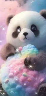 Cute panda holds colorful candy in pastel cloud scenery.