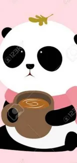 Cute cartoon panda holding coffee against a pink background.