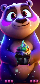 Adorable cartoon panda with a colorful cupcake.