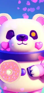 Cute panda holding a donut with pink hearts on a vibrant background.