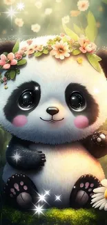 Adorable panda with a floral crown in a lush green setting.