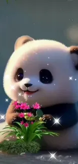 Adorable panda holding pink flowers with sparkles.