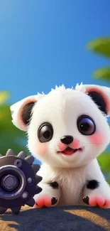 Adorable cartoon panda with a gear against a sky blue background.