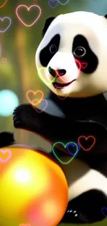 Cute panda with glowing hearts mobile wallpaper.