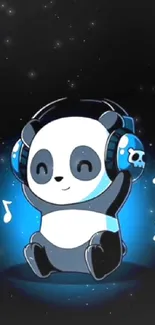 Cute cartoon panda with headphones on blue and black background.