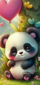 Cute panda with heart balloon in a forest surrounded by butterflies and flowers.