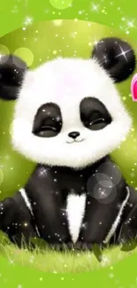 Cute panda with sparkles and a pink heart on a green background.