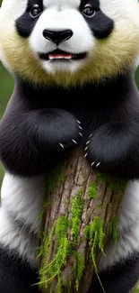 Cute panda hugging a log amidst green forest scenery.