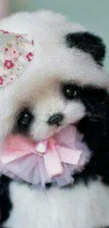 Charming panda with a floral party hat and neck ribbon.