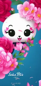 Cute panda surrounded by pink flowers on a blue background.