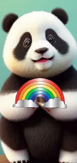 Cute panda holding a rainbow on a vibrant aqua background.