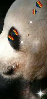 Cute panda with rainbow heart accents and sparkling stars in a whimsical design.