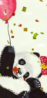 Cute panda with red balloon and bow illustration.