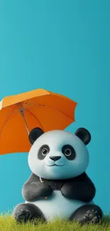 Cartoon panda with orange umbrella on grass.