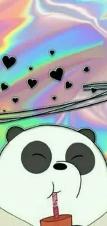 Cute panda with pastel rainbow background and hearts.