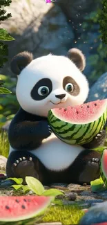 Cartoon panda bear enjoying a watermelon in a green forest.