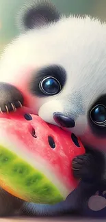 Cute panda holding a watermelon slice.