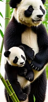 Cute panda mother and cub in a bamboo forest mobile wallpaper.