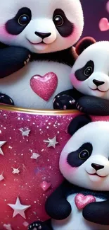 Three cute pandas in a pink starry cup illustration.