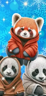 Cute pandas and a red panda in a snowy blue background with snowflakes.