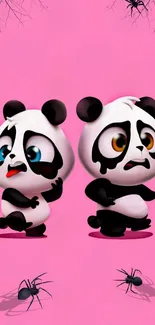 Adorable animated pandas on a playful pink background with spiders.