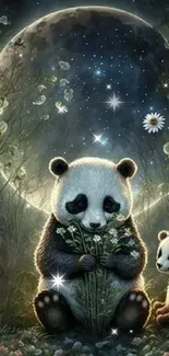 Adorable panda bears sit under a glowing moon, surrounded by flowers in a mystical setting.