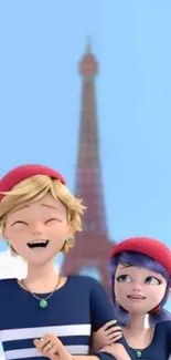 Cartoon characters with Eiffel Tower background.