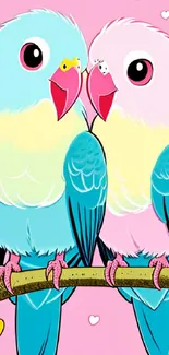 Two cartoon parrots with pink background.