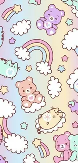 Pastel mobile wallpaper with cute bears, cats, rainbows, and fluffy clouds.