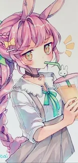 Pastel anime girl with pink hair sipping bubble tea.