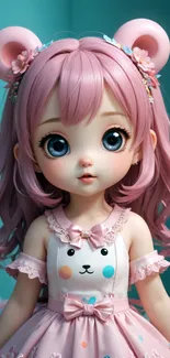 Anime doll with pink hair and big blue eyes wearing a cute dress.