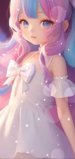 Anime girl with pastel hair and cat ears, wearing a white dress with a rainbow background.