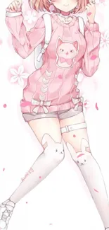 Anime girl in pink with cat-themed sweater and white knee-high socks.