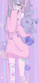 Cute pastel anime girl with bunnies in pink and lavender tones.