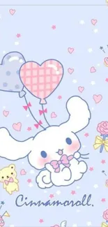 Cute pastel anime wallpaper with bunny and heart balloons.