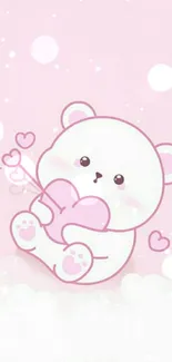 Cute pastel bear holding a heart on a pink background.