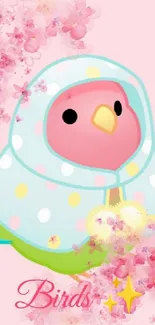 Cute pastel bird wallpaper with floral accents on a pink background.