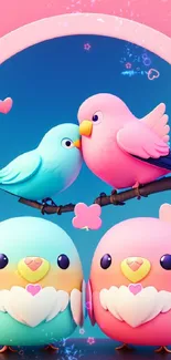 Cute pastel birds on a branch with a pink and blue background.