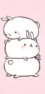 Adorable stacked bunnies on a pastel pink background, perfect for mobile wallpaper.