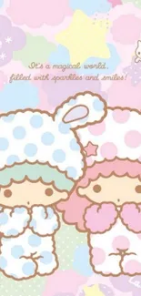 Pastel cartoon wallpaper with cute characters in a magical world.