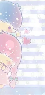 Pastel kawaii cartoon wallpaper with cute characters and hearts.